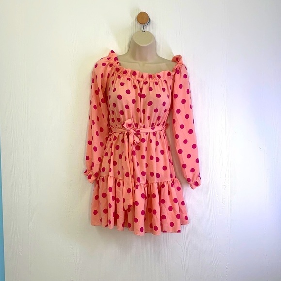 PrettyLittleThing Dresses & Skirts - PrettyLittleThing- Dusty Pink Polka Dot Bardot Tie Waist Shift Dress Size 2